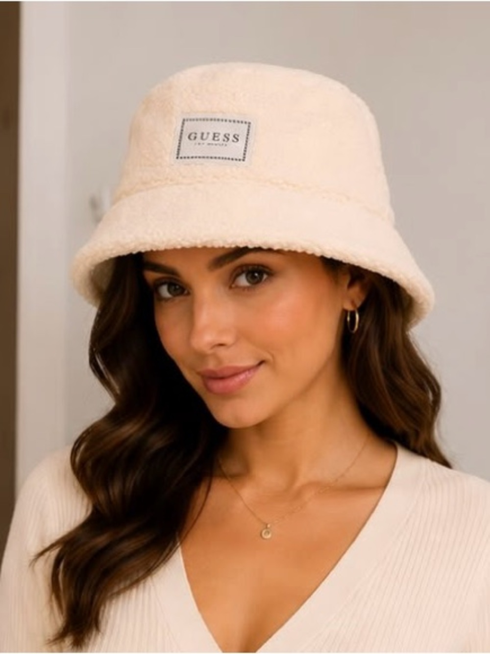 GUESS Cream Sherpa Bucket Hat with Logo Patch